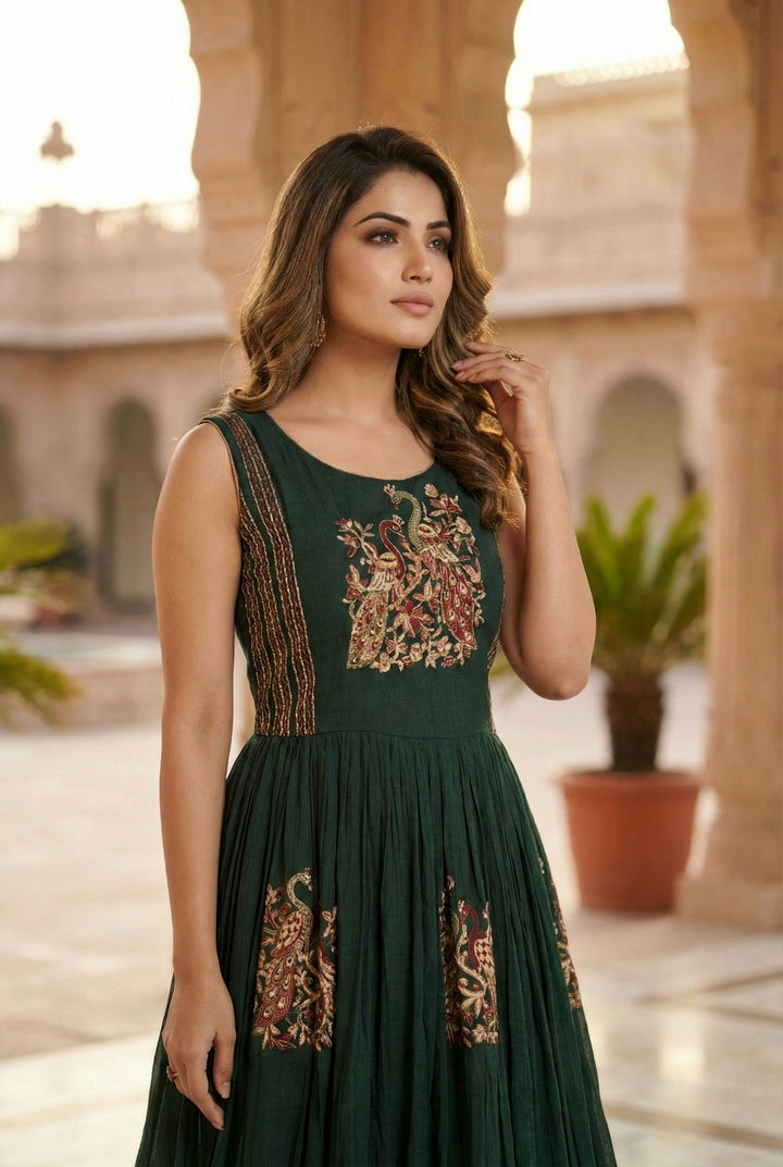 Bottle Green Chinon Hand Embroidery Long Dress