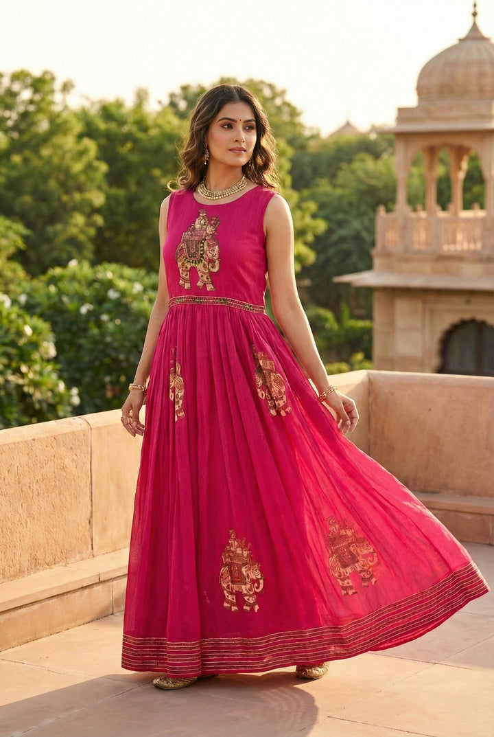 Rani Pink Chinon With Beads And Thread Embroidery Long Dress