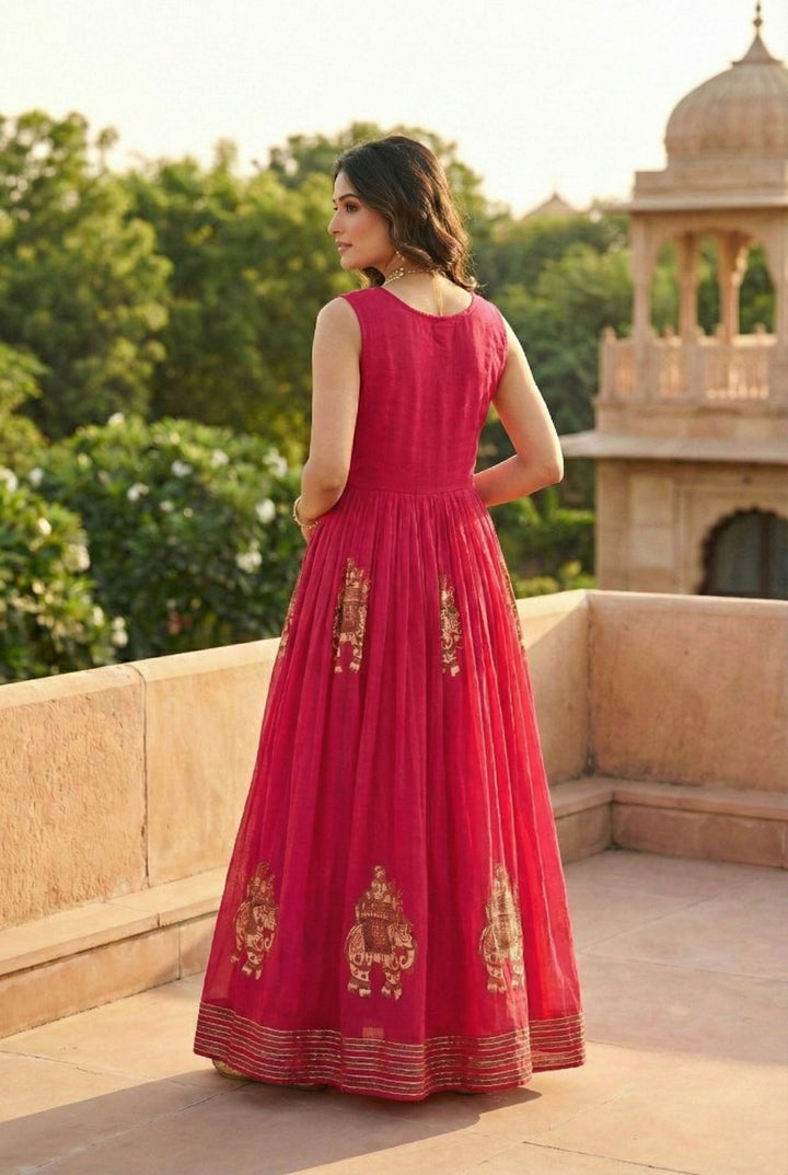 Rani Pink Chinon With Beads And Thread Embroidery Long Dress