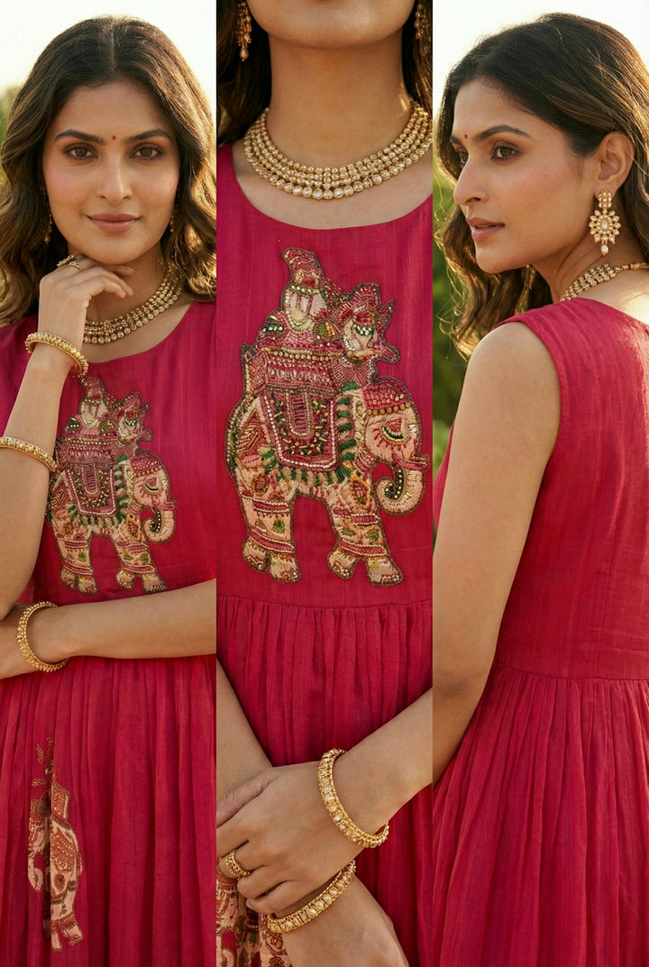 Rani Pink Chinon With Beads And Thread Embroidery Long Dress