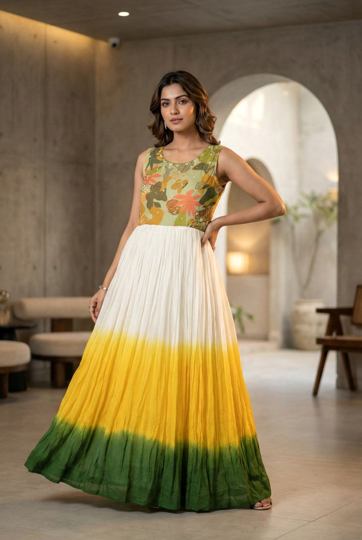 Yellow Chinon Floral Digital Printed Long Dress