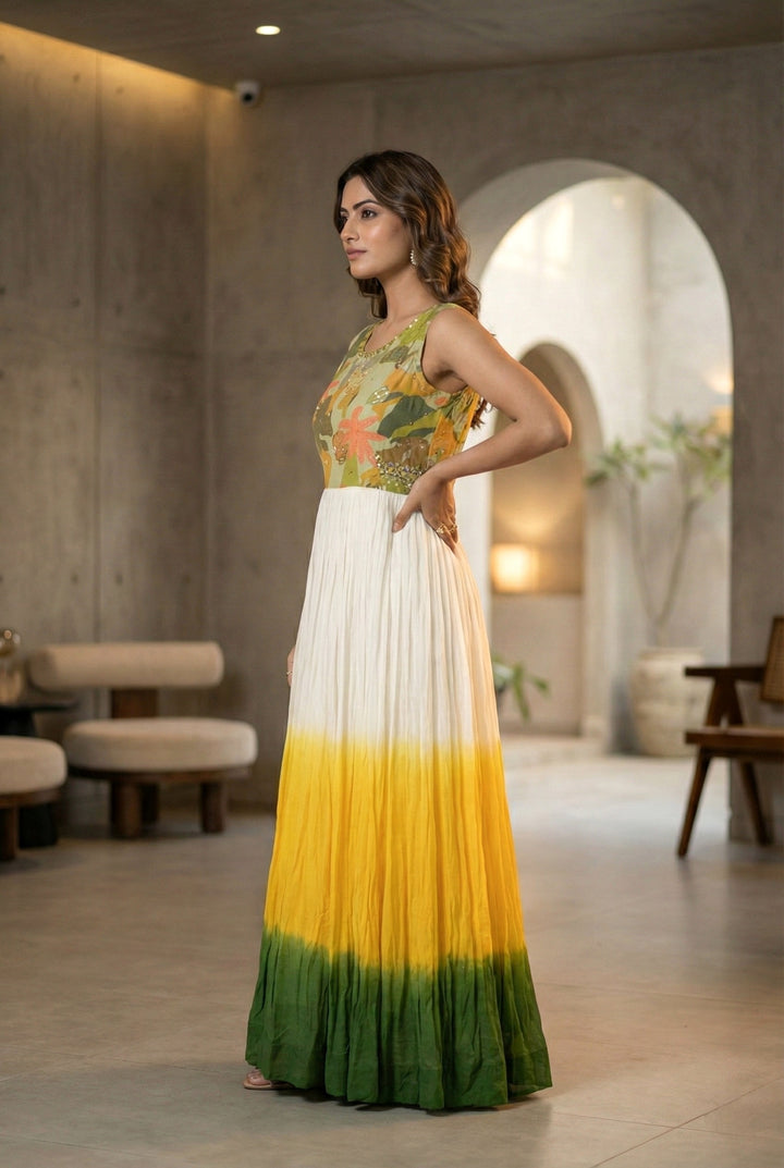 Yellow Chinon Floral Digital Printed Long Dress