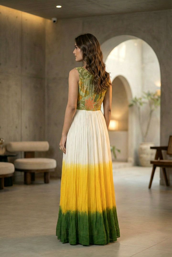 Yellow Chinon Floral Digital Printed Long Dress
