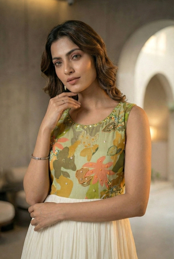 Yellow Chinon Floral Digital Printed Long Dress