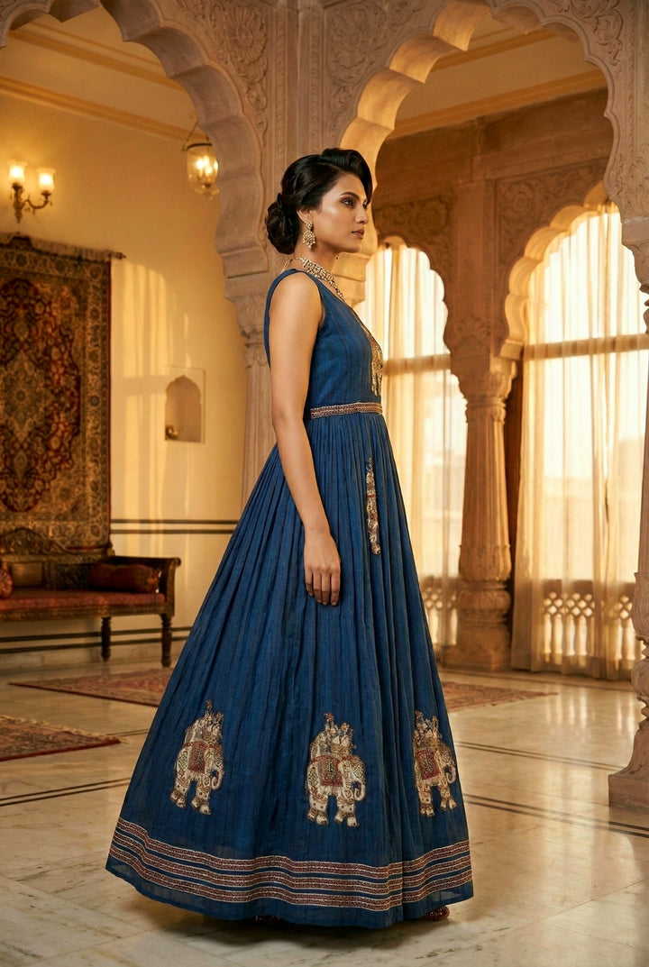 Navy Blue Chinon With Beads And Thread Embroidery Long Dress