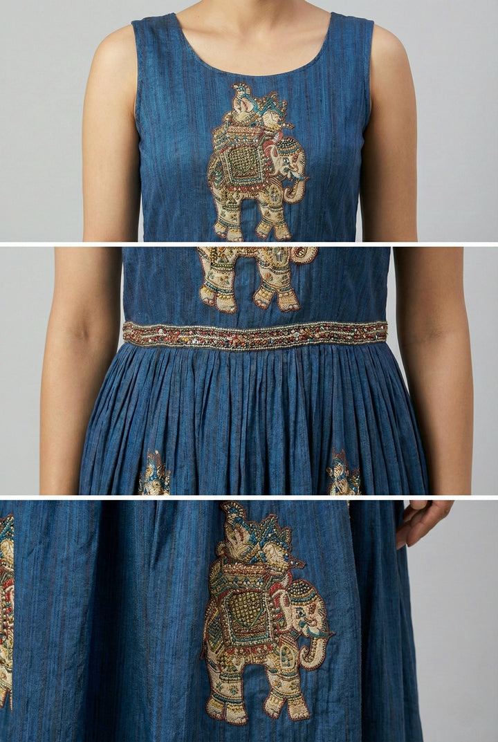 Navy Blue Chinon With Beads And Thread Embroidery Long Dress