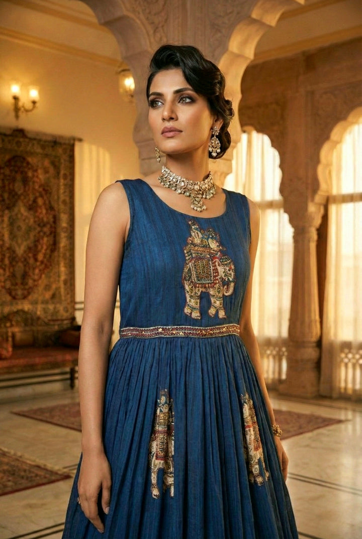 Navy Blue Chinon With Beads And Thread Embroidery Long Dress