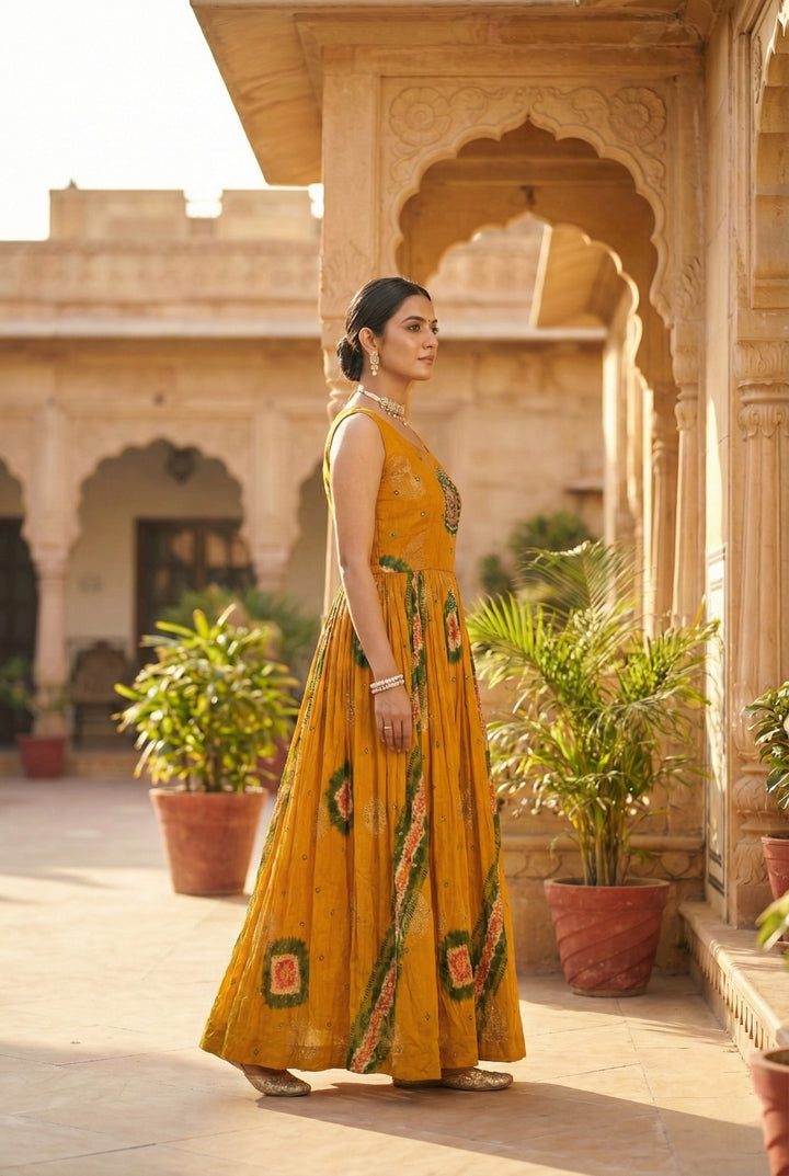 Gold Chinon Beads And Stone Embroidery Dress