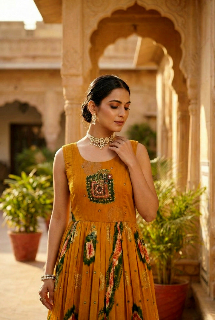 Gold Chinon Beads And Stone Embroidery Dress
