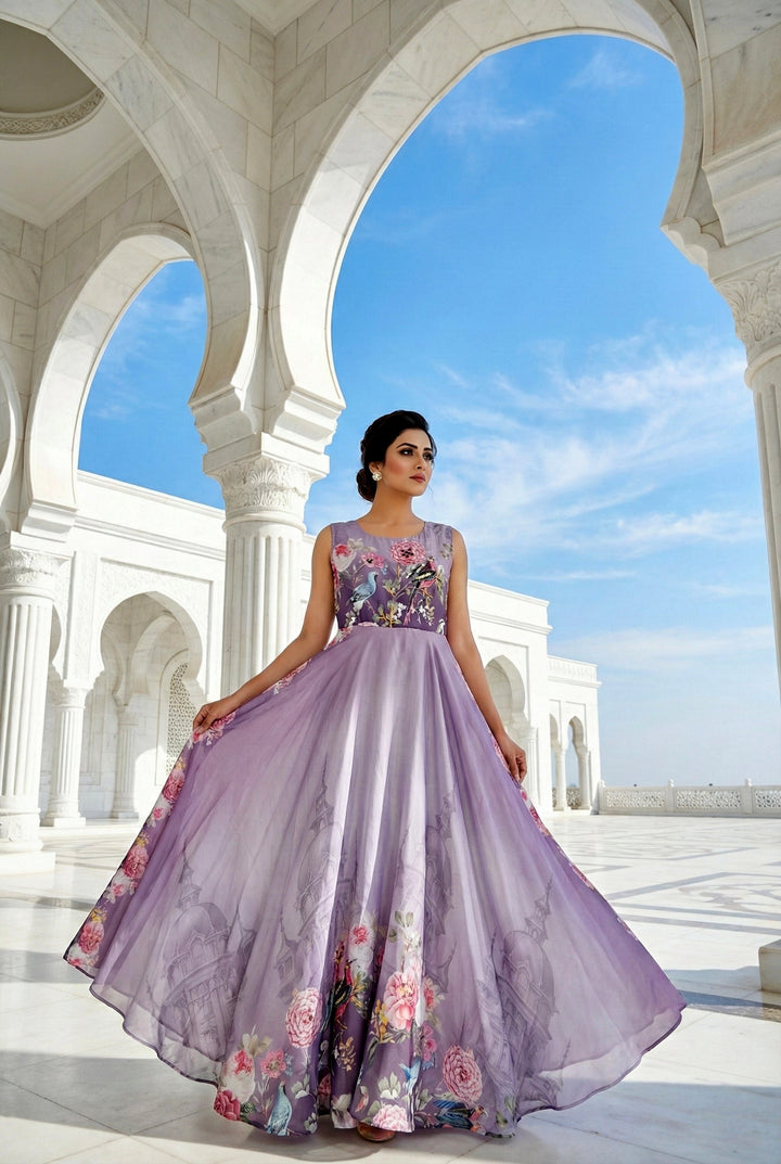 Lavender Crepe Floral Hand Embroidered Long Dress