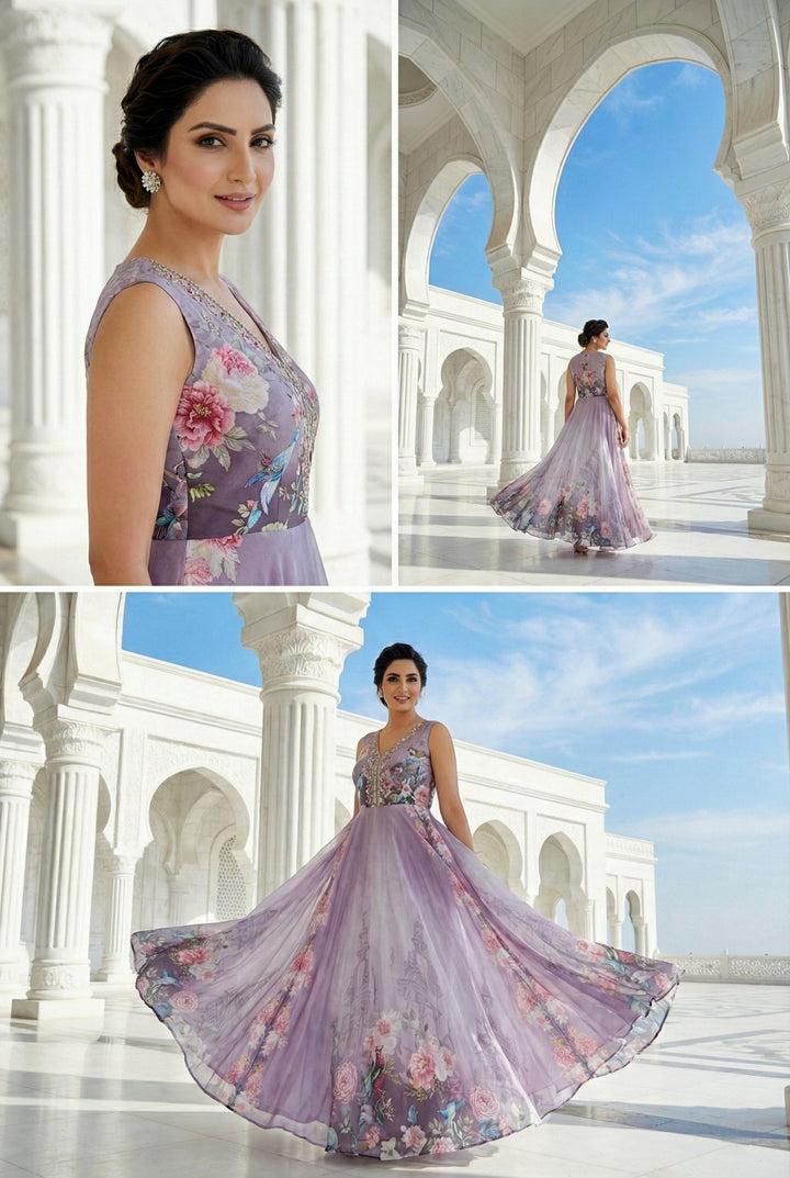 Lavender Crepe Floral Hand Embroidered Long Dress