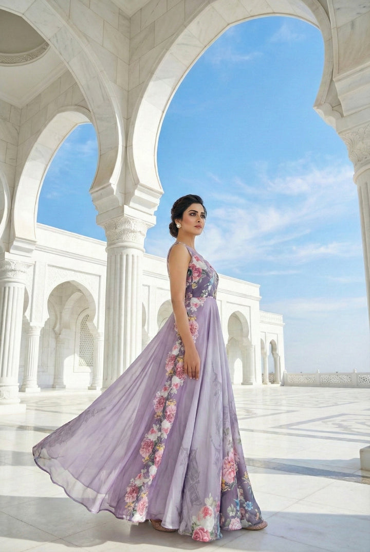 Lavender Crepe Floral Hand Embroidered Long Dress