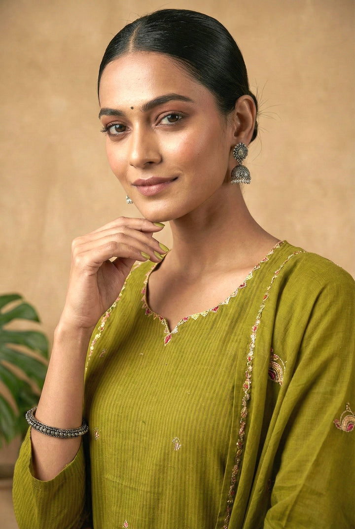 Mehadi Green Cotton Digital Printed Three Piece Set