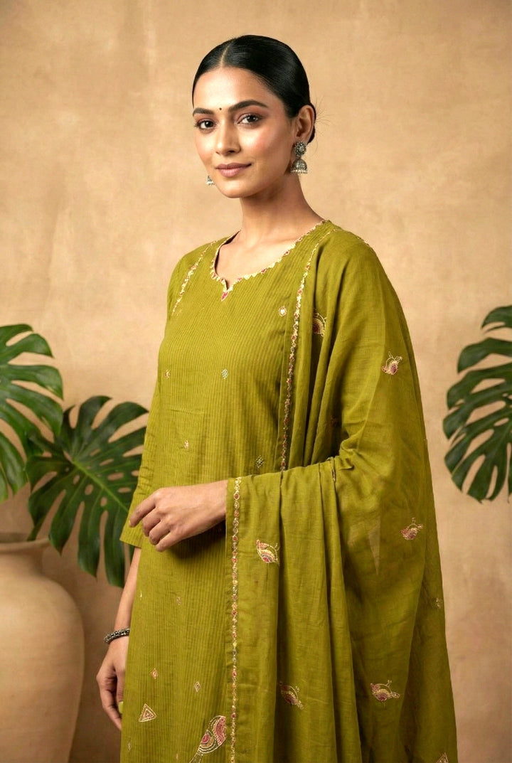 Mehadi Green Cotton Digital Printed Three Piece Set