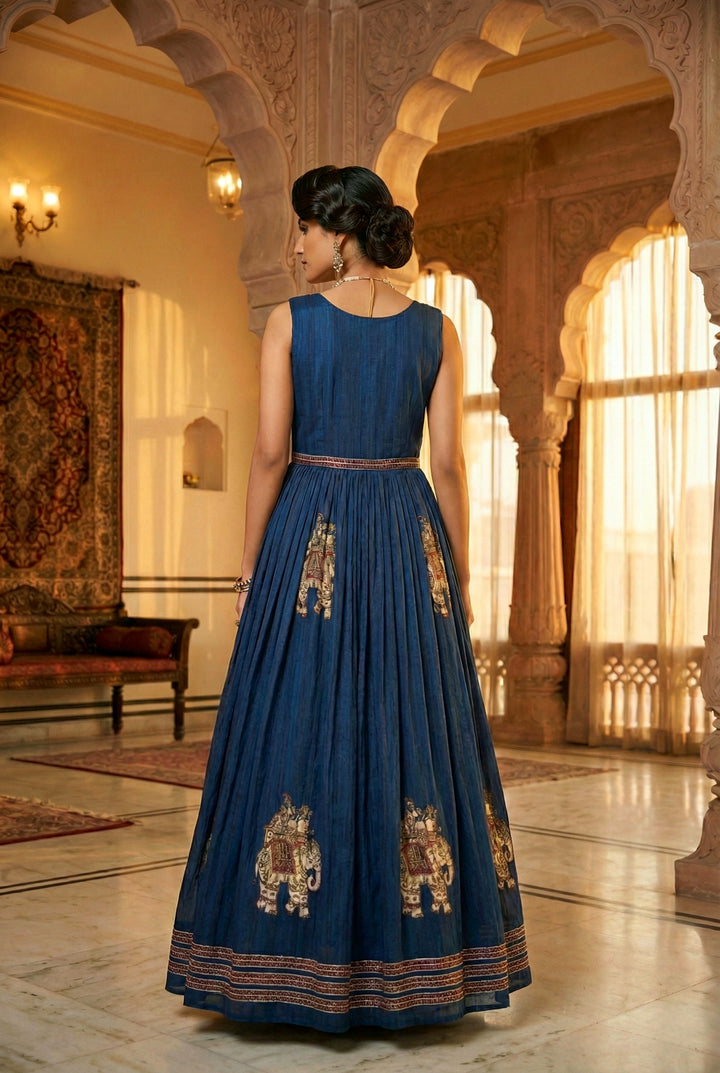 Navy Blue Chinon With Beads And Thread Embroidery Long Dress