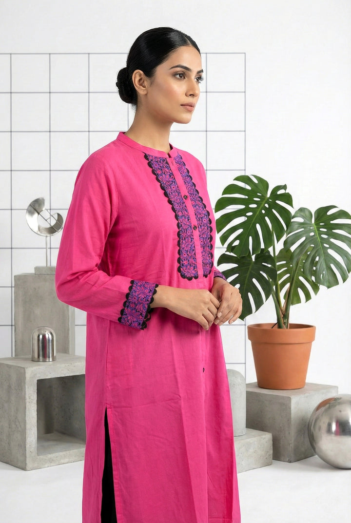 Rani Pink Rayon Hand Embroidery Kurta