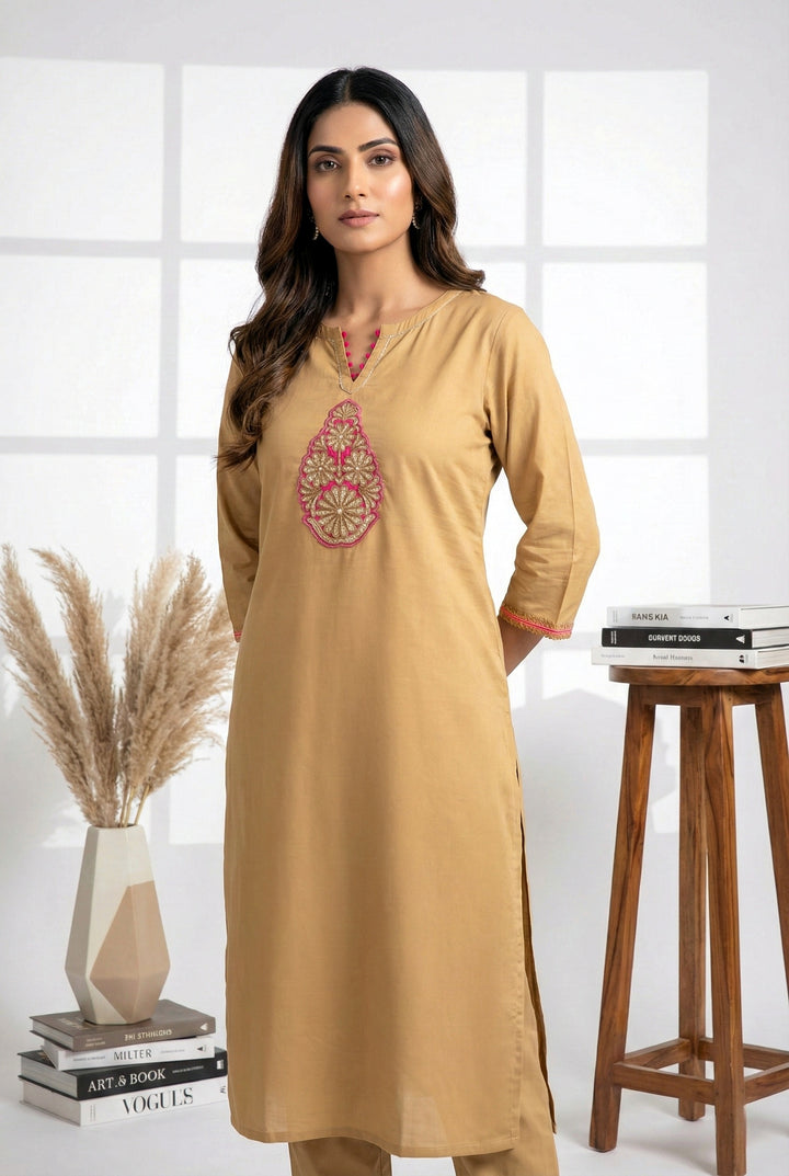 Beige Muslin Hand Embroidery Kurta