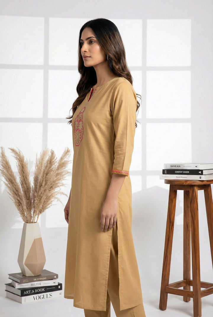 Beige Muslin Hand Embroidery Kurta