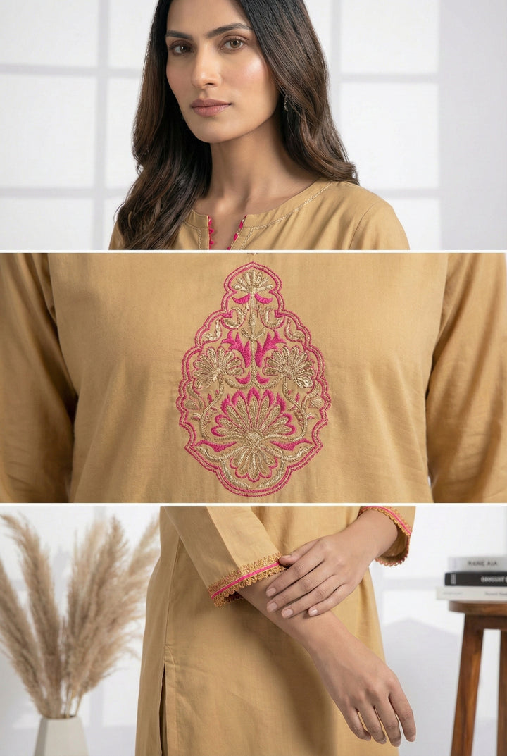 Beige Muslin Hand Embroidery Kurta