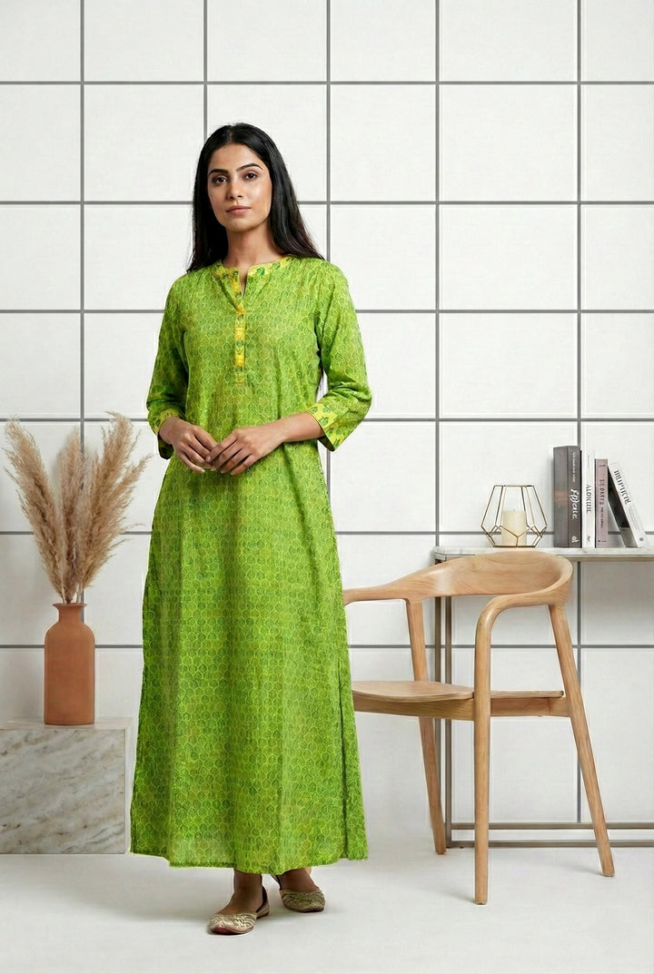 Green Cotton Floral Printed Dress