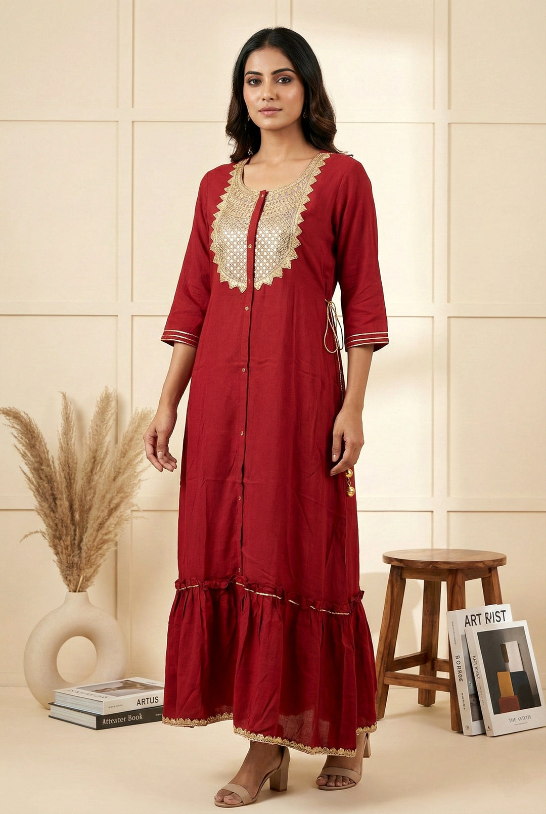 Neerus Maroon Ethnic Hand Embroidered Chiffon Maxi Dress for Festive Wedding Women Neerus India Neerus Maroon Ethnic Hand Embroidered Chiffon Maxi Dress for Festive Wedding Women Neerus India