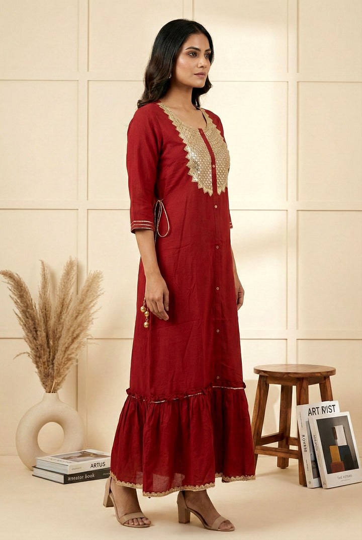 Maroon Chiffon Hand Embroidery Long Dress