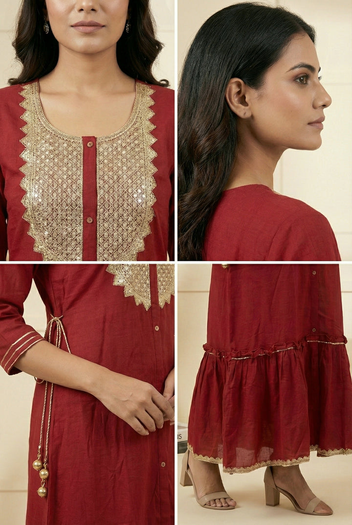Maroon Chiffon Hand Embroidery Long Dress