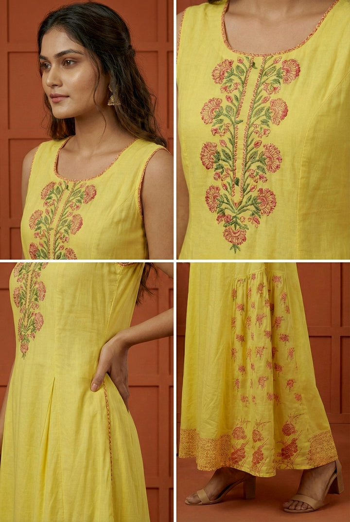 Yellow Rayon Floral Hand Embroidery Dress