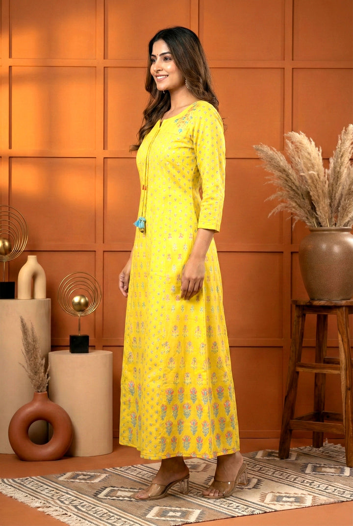 Yellow Muslin Floral Printed Long Dress