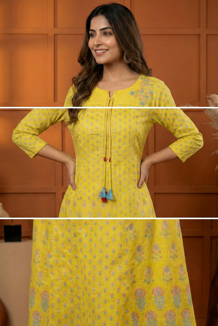 Yellow Muslin Floral Printed Long Dress