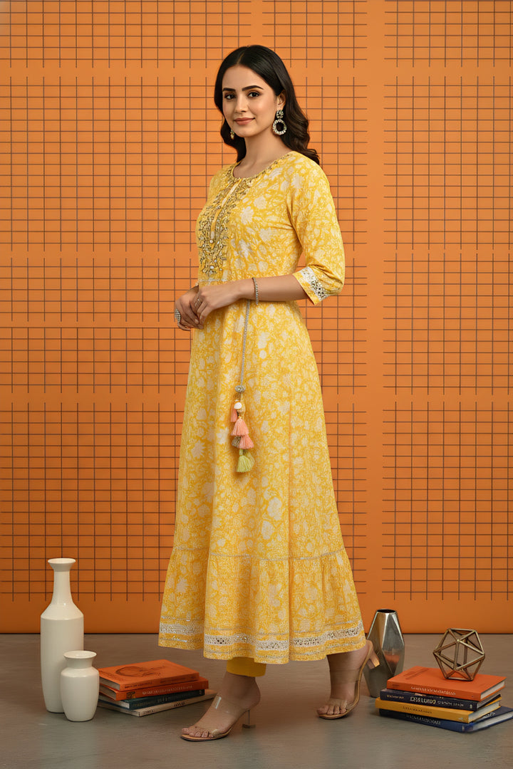 Yellow Cotton Sequins And Floral Printed Dress