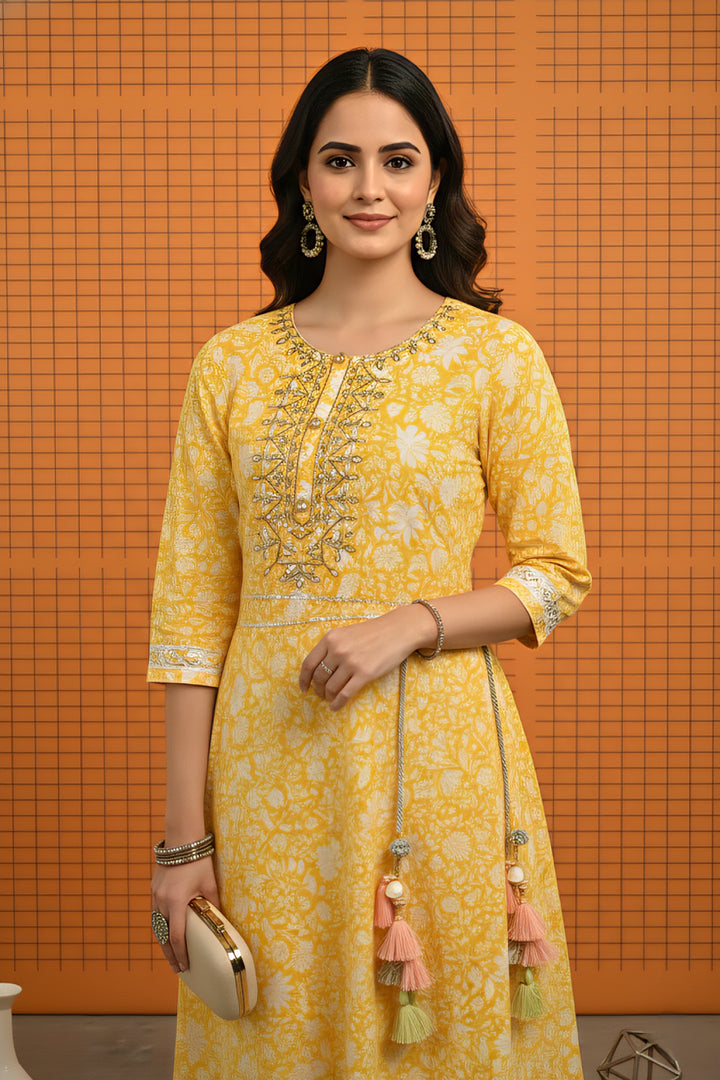 Yellow Cotton Sequins And Floral Printed Dress
