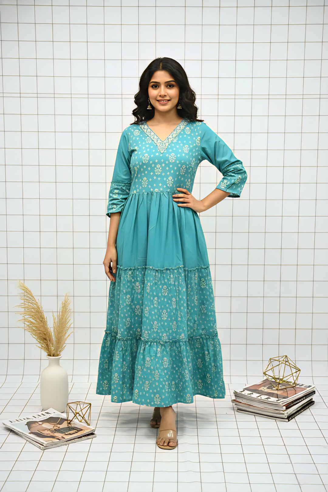 Neerus Green Floral Printed Muslin Flared Dress for Casual Festive Women Neerus India Neerus Green Floral Printed Muslin Flared Dress for Casual Festive Women Neerus India