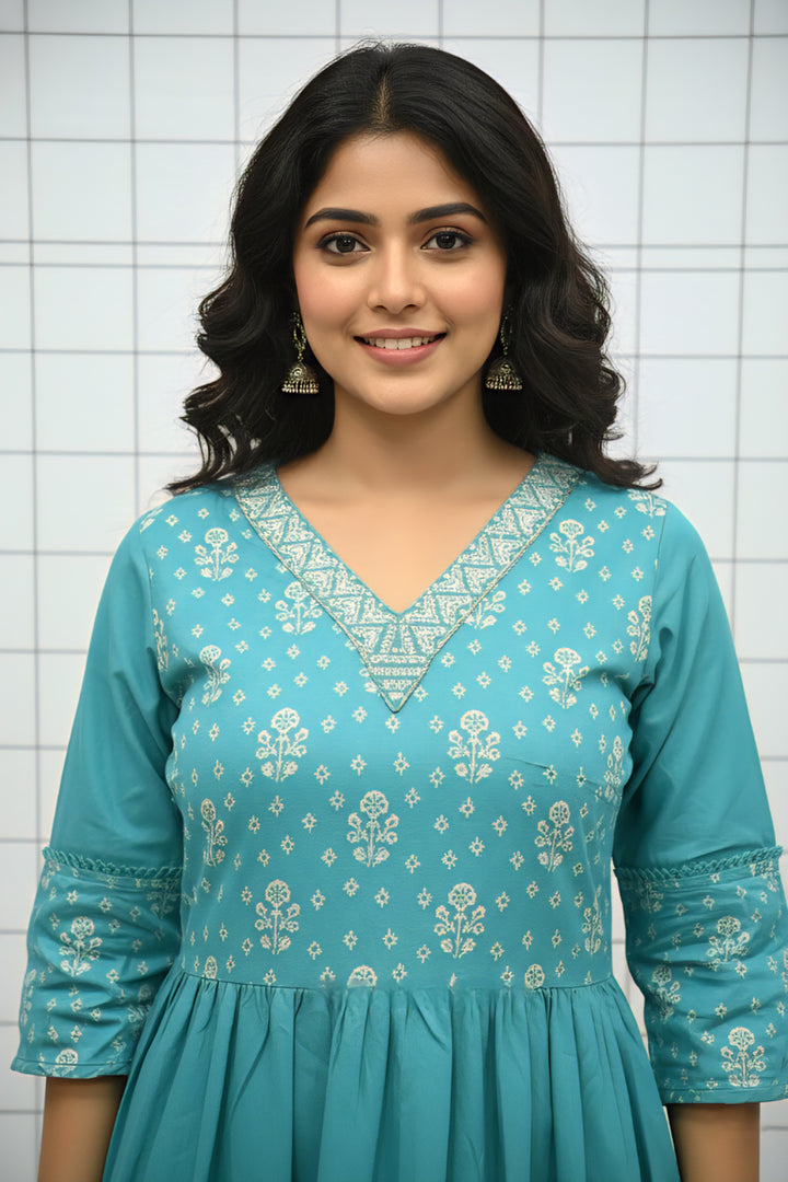 Sea Green Muslin Floral Printed Dress