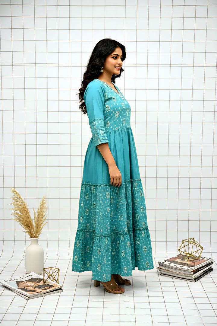 Sea Green Muslin Floral Printed Dress