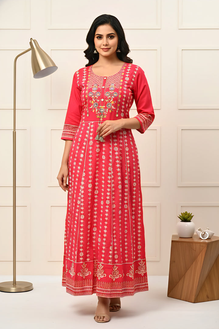 Pink Cotton Floral Hand Embroidery Dress