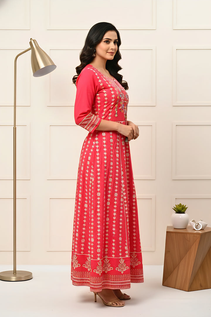 Pink Cotton Floral Hand Embroidery Dress