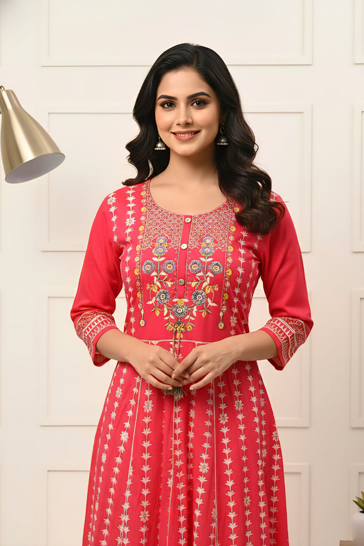 Pink Cotton Floral Hand Embroidery Dress