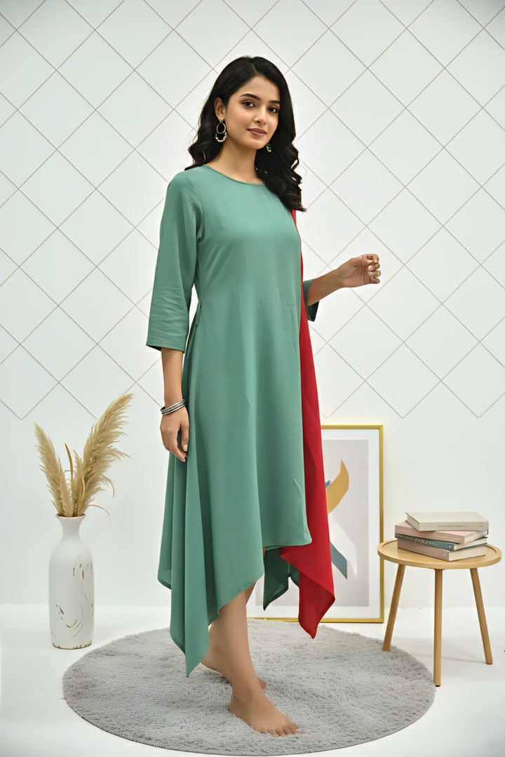 Green Georgette Solid Printed Kurta