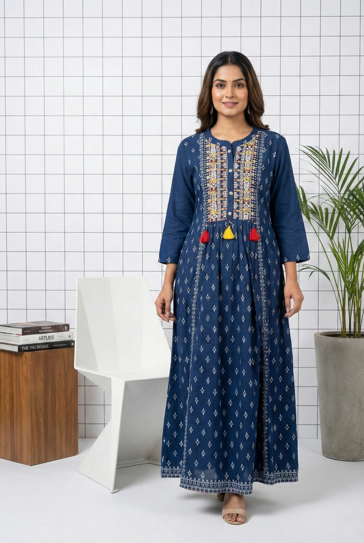 Navy Blue Rayon Thread Embroidery Long Dress