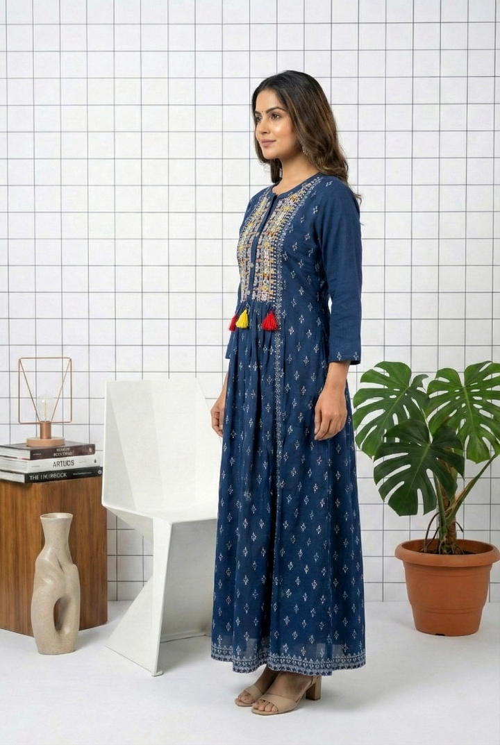 Navy Blue Rayon Thread Embroidery Long Dress