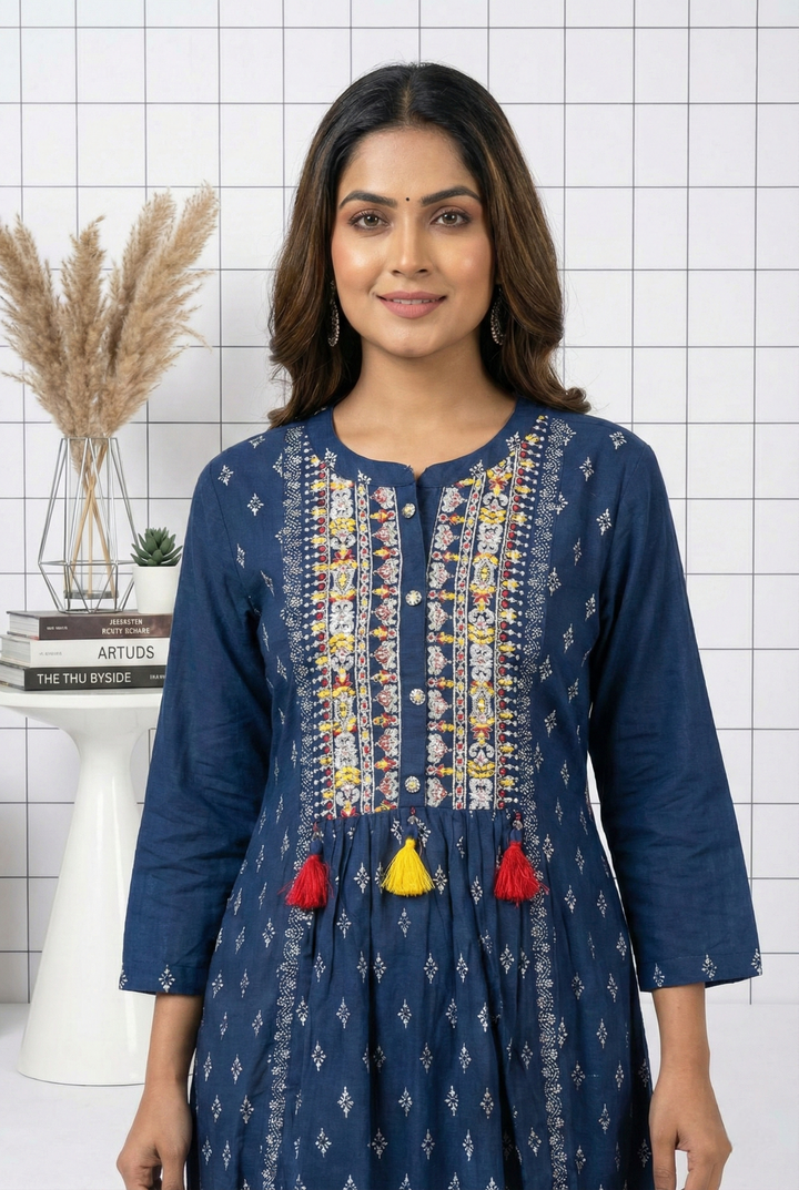 Navy Blue Rayon Thread Embroidery Long Dress