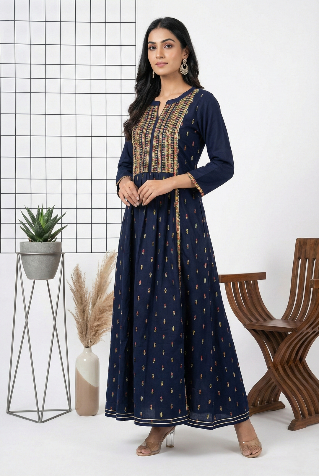 Neerus Blue Ethnic Hand Embroidered Rayon Straight Dress for Festive Party Women – Neerus India