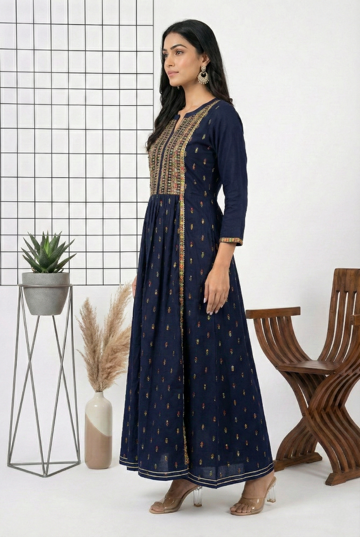 Navy Blue Rayon Zari Embroidered Dress