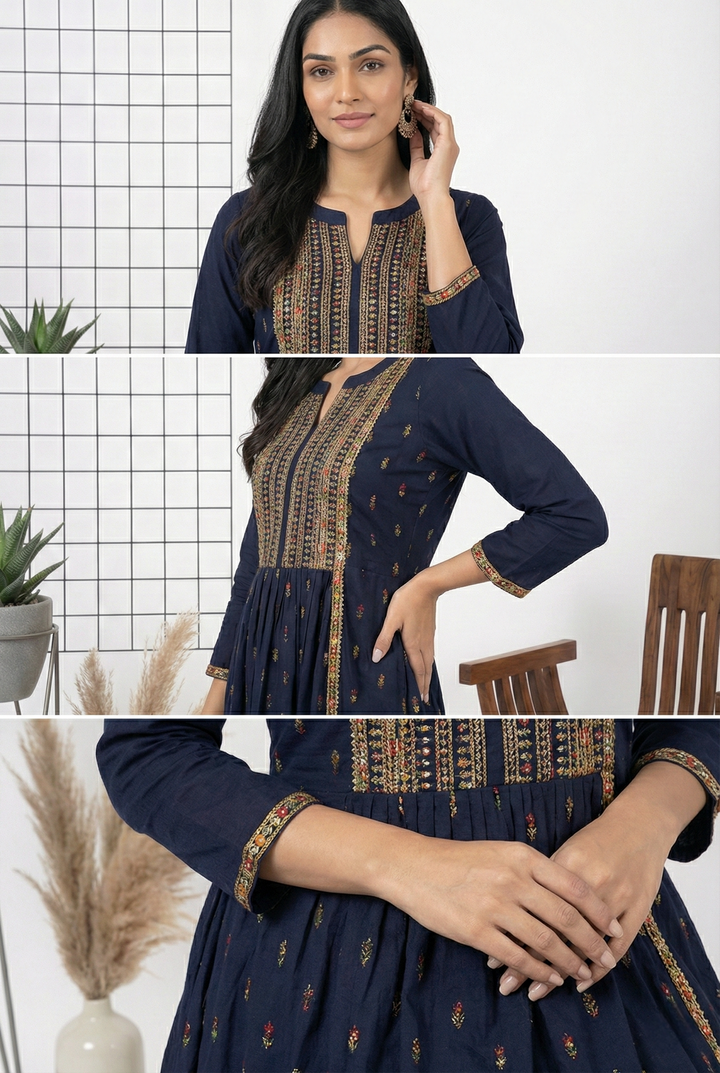 Navy Blue Rayon Zari Embroidered Dress