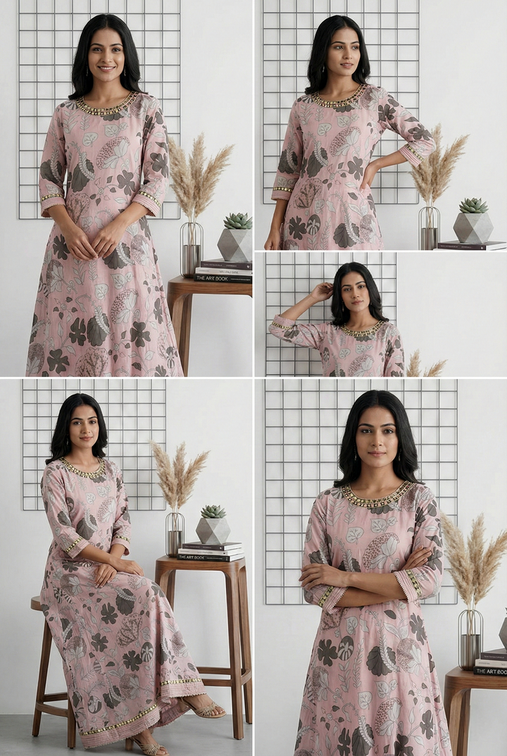 Onion Satin Floral Digital Printed And Mirror Embroidered Dress