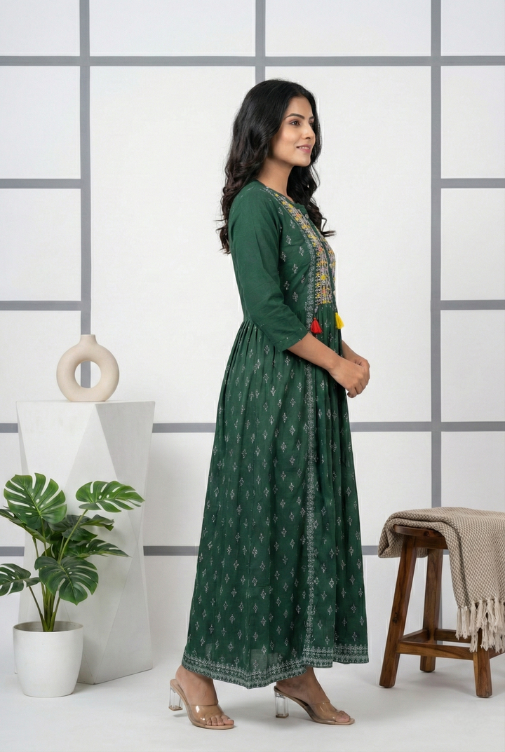 Green Rayon Printed Long Dress