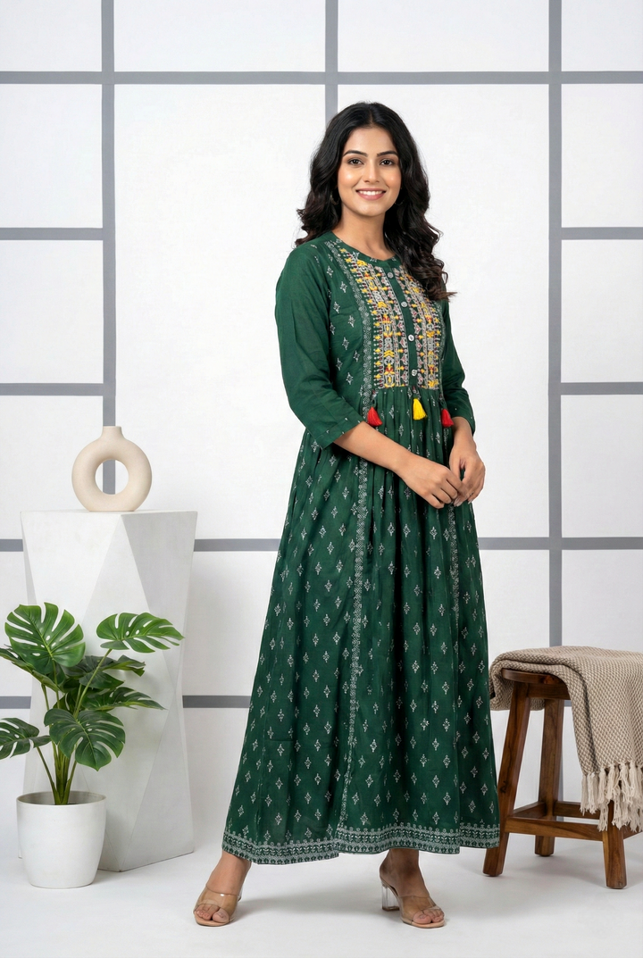 Green Rayon Printed Long Dress