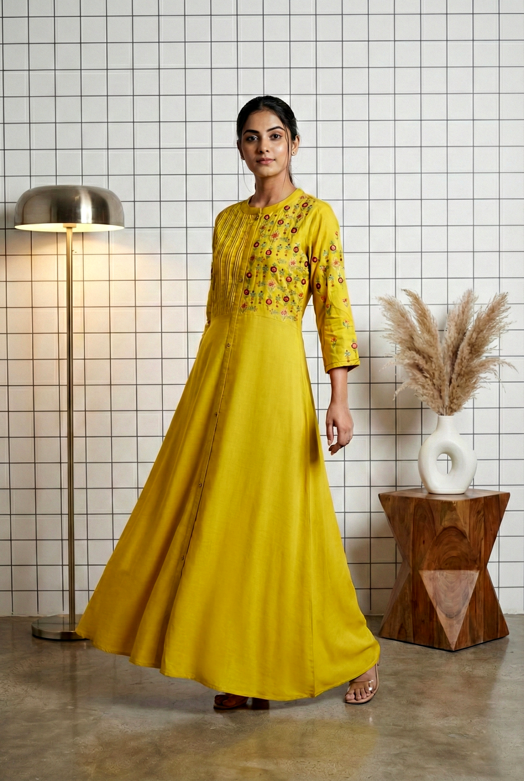 Neerus Yellow Floral Thread Embroidered Rayon Maxi Dress for Festive Women Neerus India Neerus Yellow Floral Thread Embroidered Rayon Maxi Dress for Festive Women Neerus India