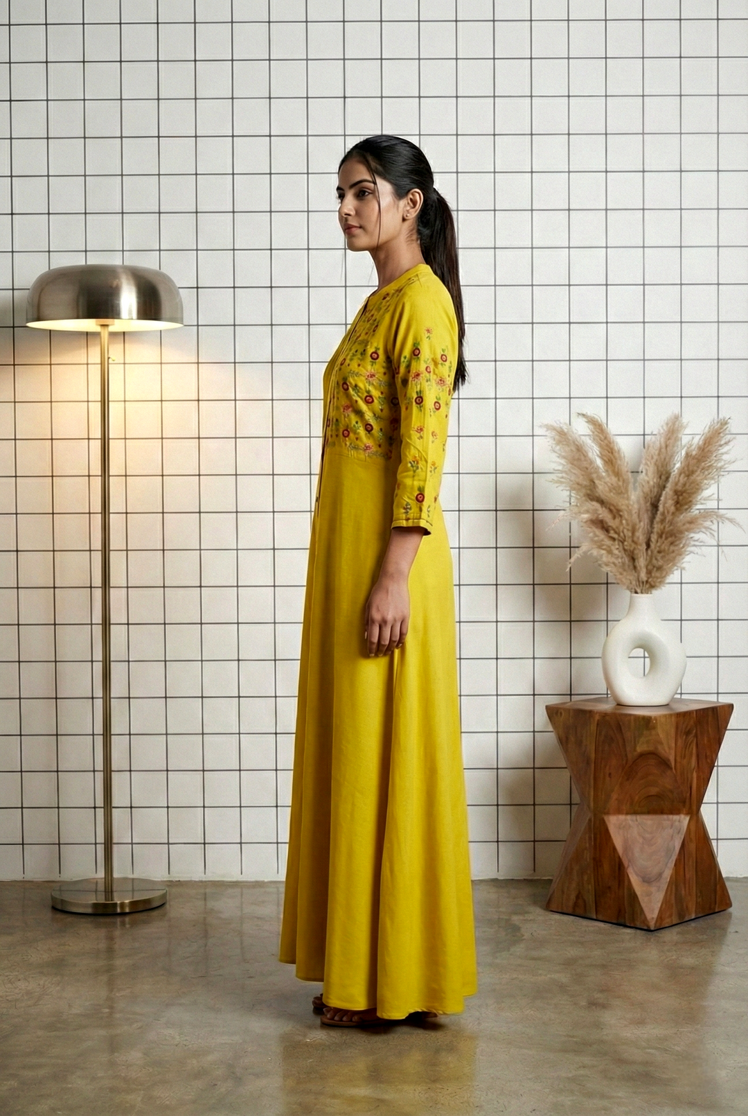 Neerus Yellow Floral Thread Embroidered Rayon Maxi Dress for Festive Women – Neerus India Neerus Yellow Floral Thread Embroidered Rayon Maxi Dress for Festive Women – Neerus India